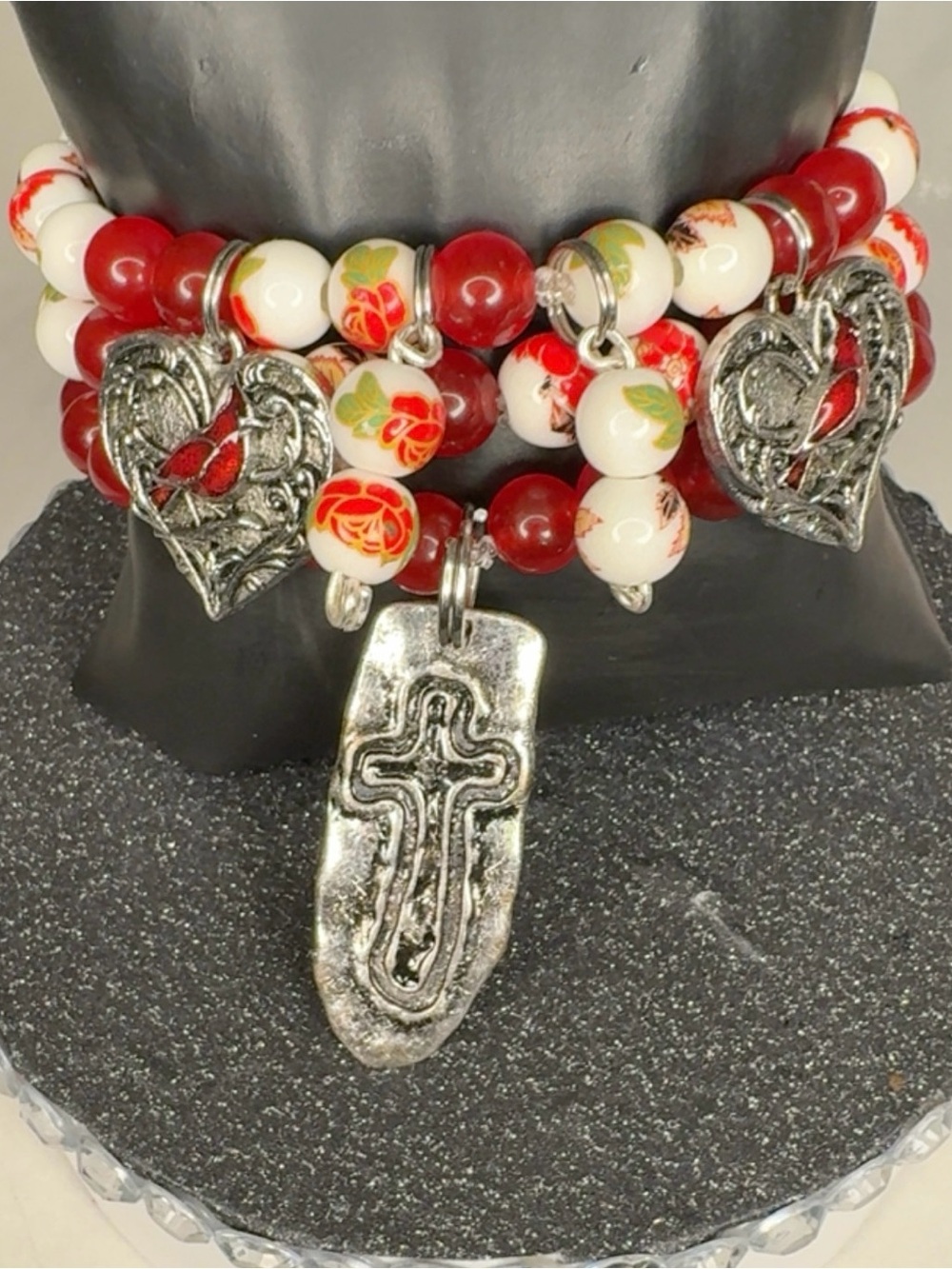 Handmade Red and White Beaded Charm Bracelet with Cross Pendant